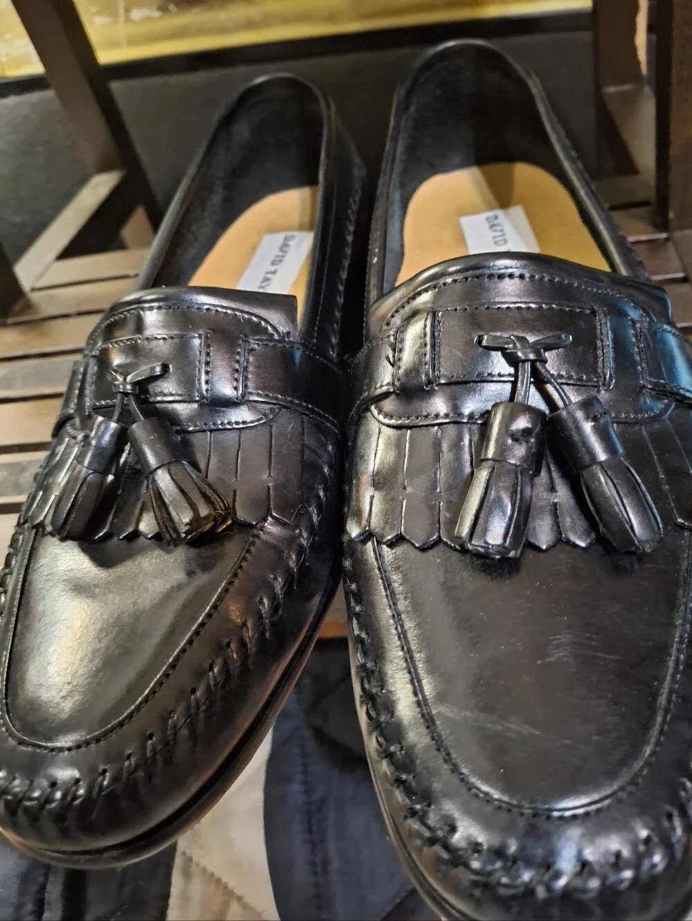 David Taylor Black Leather Tassel Kiltie Loafers